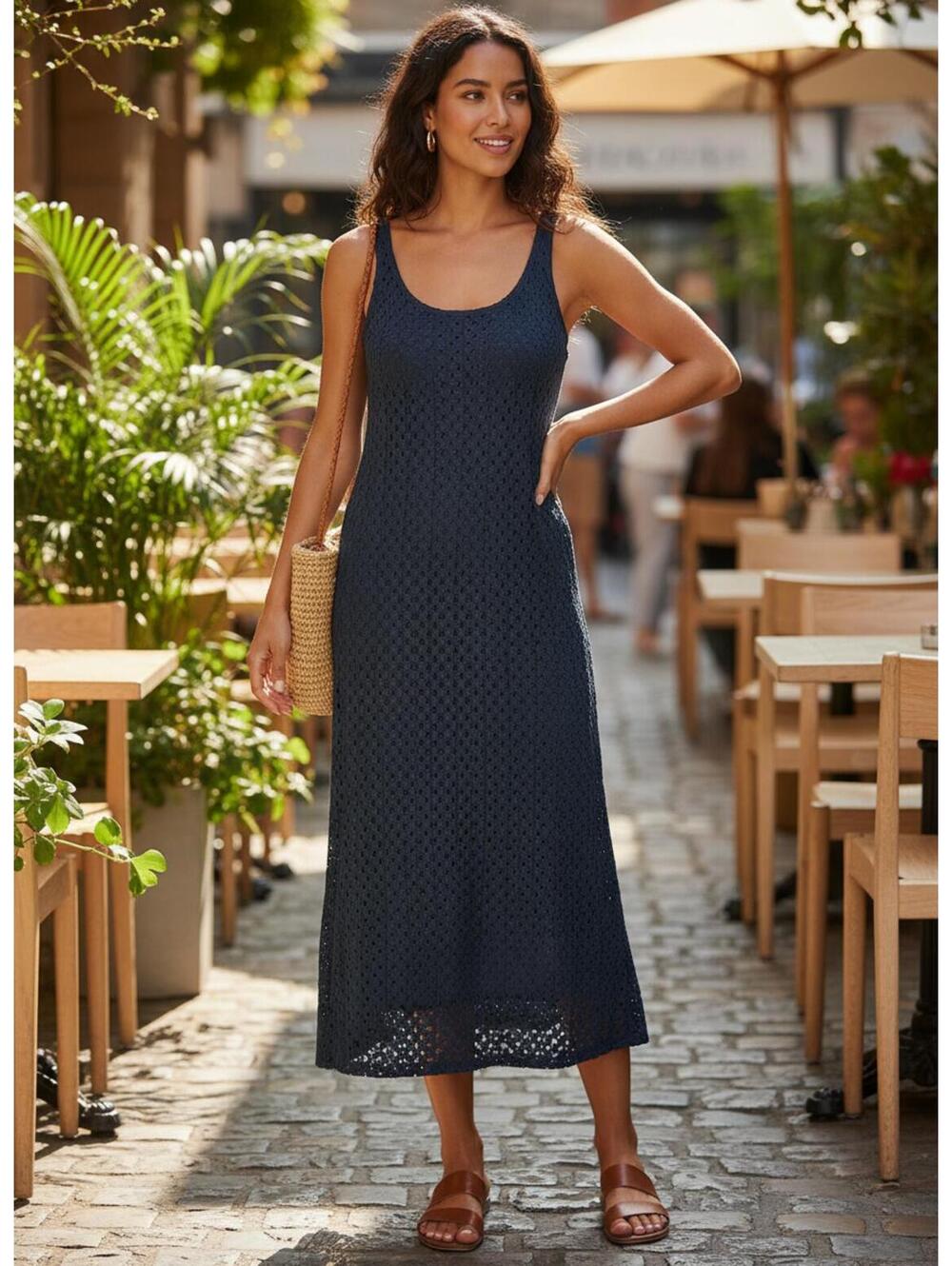 Cal Style Navy Blue Crochet Maxi Tank Dress Made USA Vacation Cruise Casual - XL